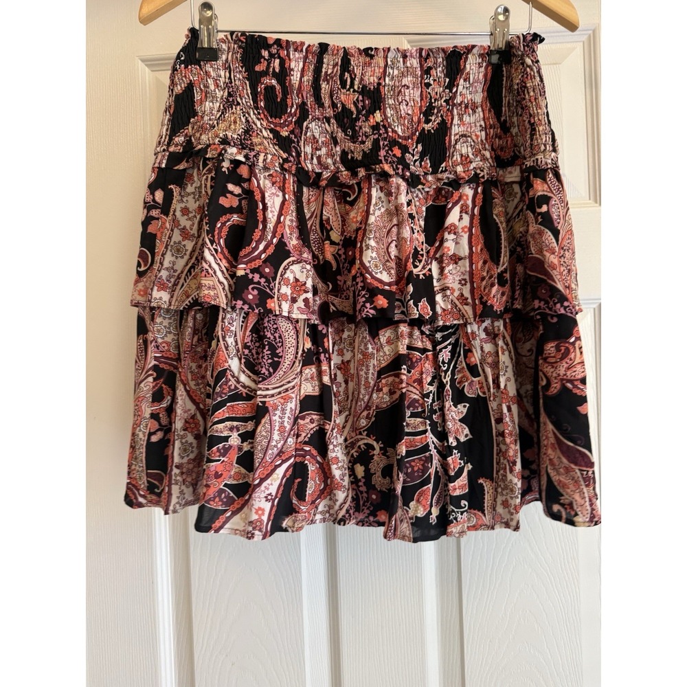 Anthropologie Skirt Womens S Black Coral Paisley Smocked Tiered Ruffle Mini Boho